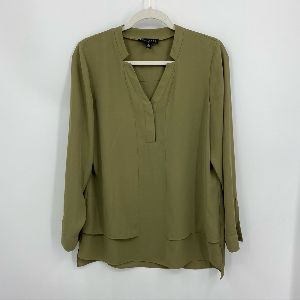 Olive Green V-Neck Long Sleeve Blouse - Whispering Smith